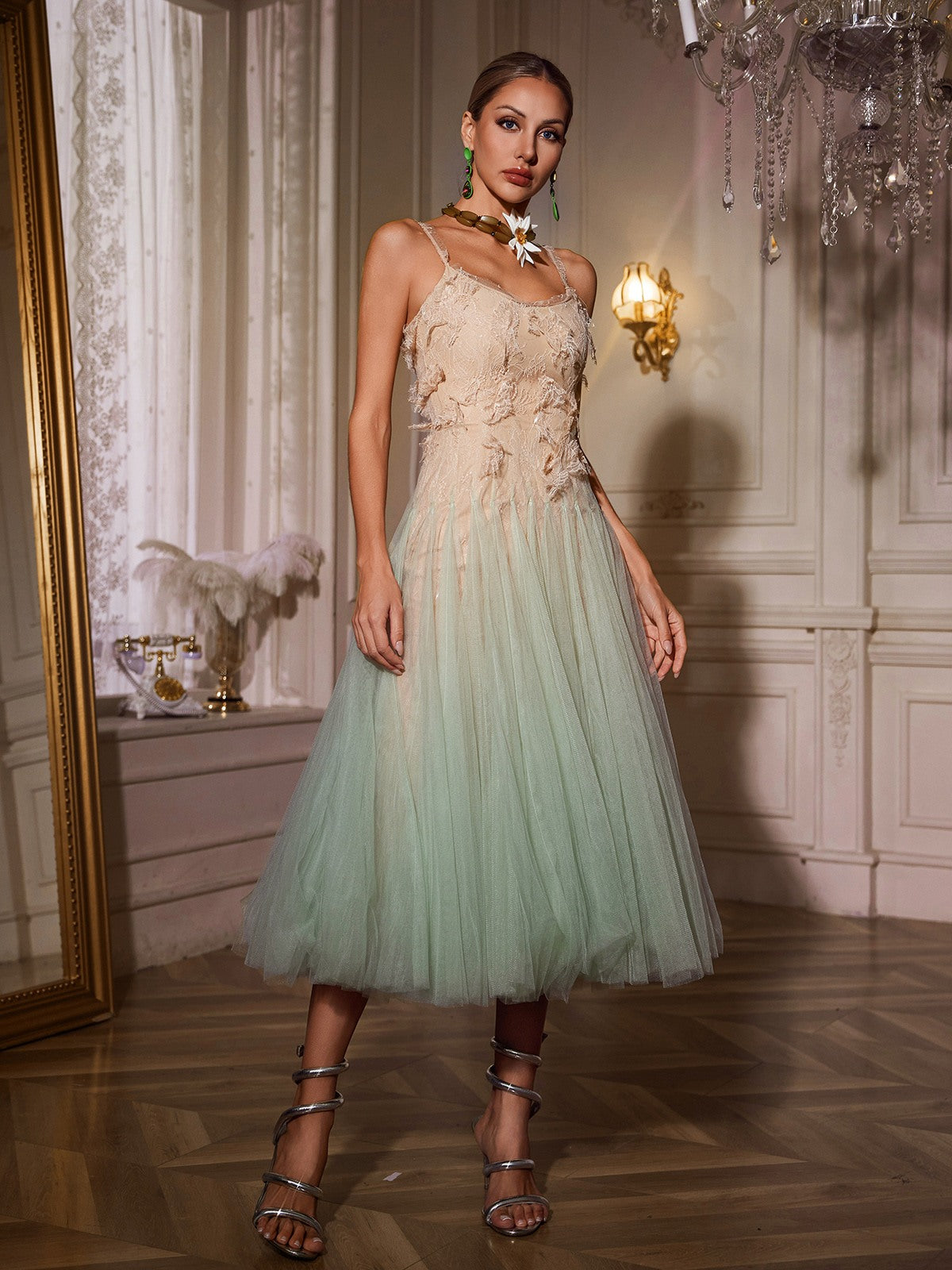 Qaldrex Spaghetti Ombre Lace Midi Dress