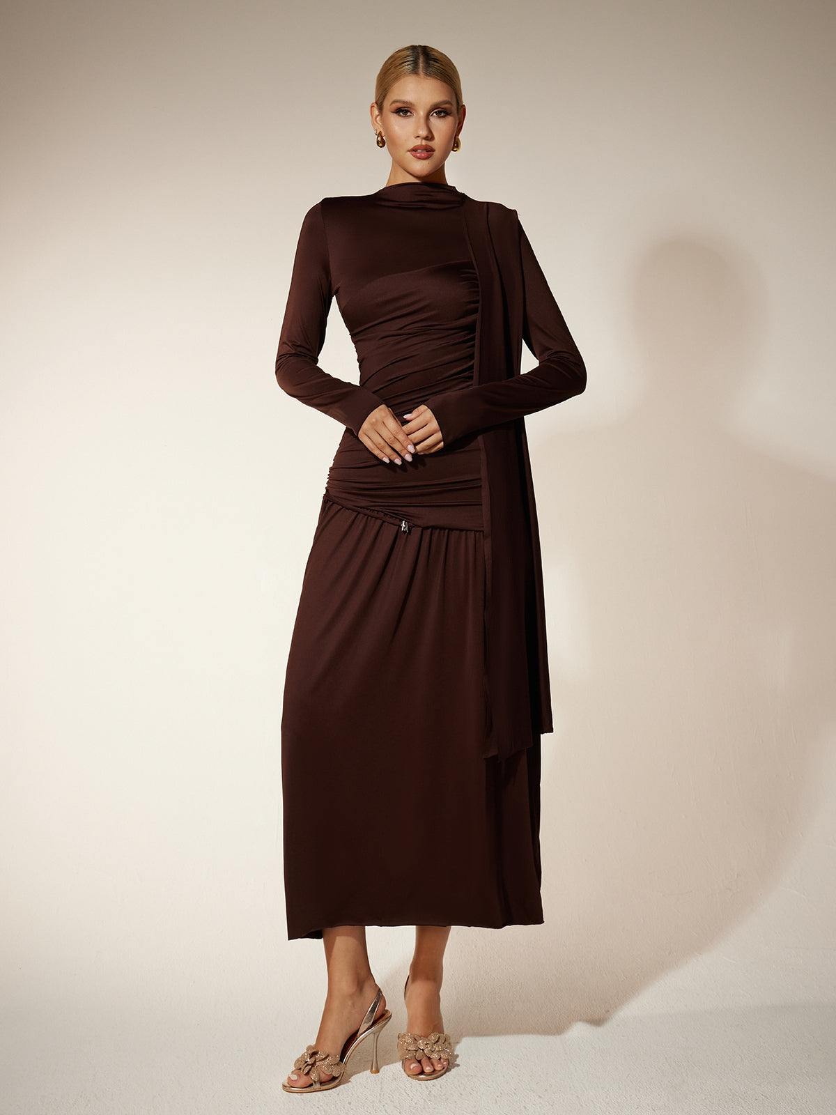 Eitan Long Sleeve Ruched Draped Midi Dress