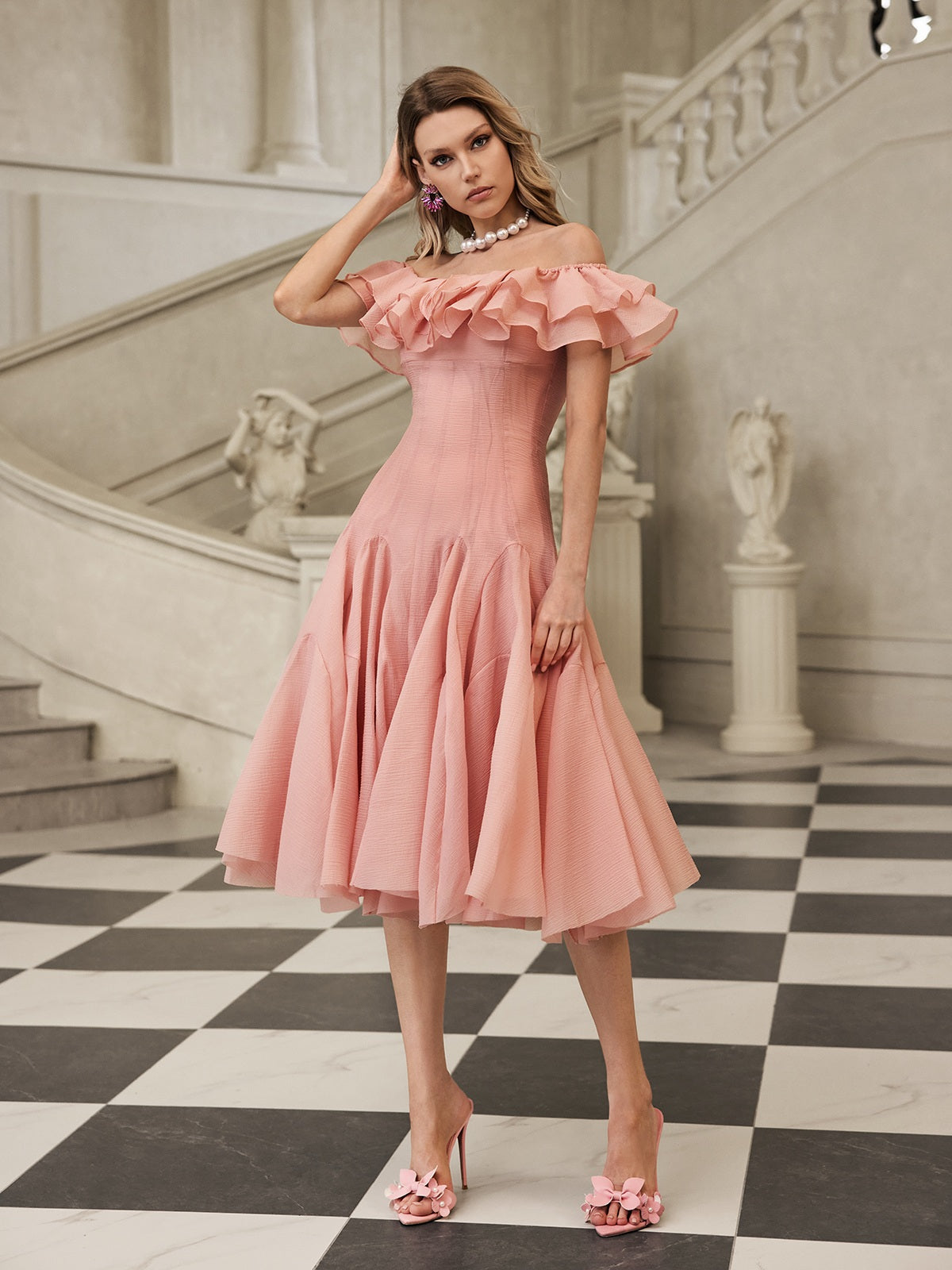 Gaelthar Off Shoulder Ruffle Midi Dress In Blush