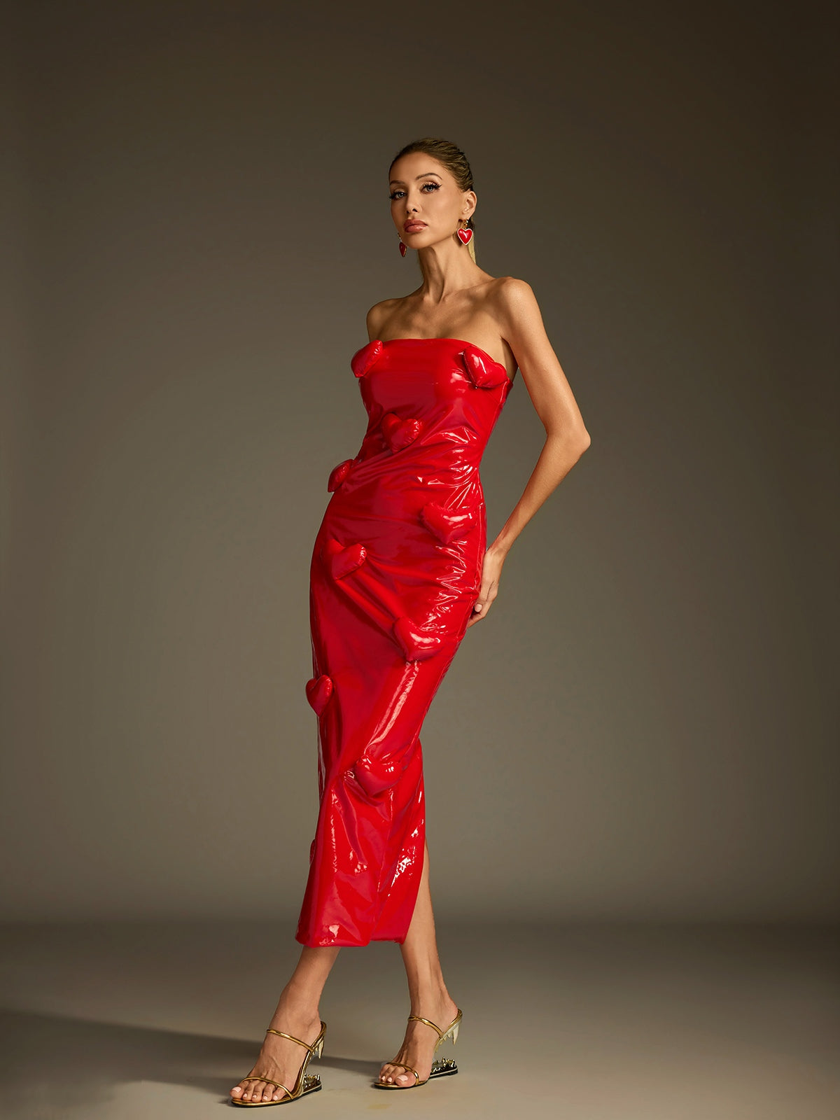 Taron Strapless Heart Leather Midi Dress