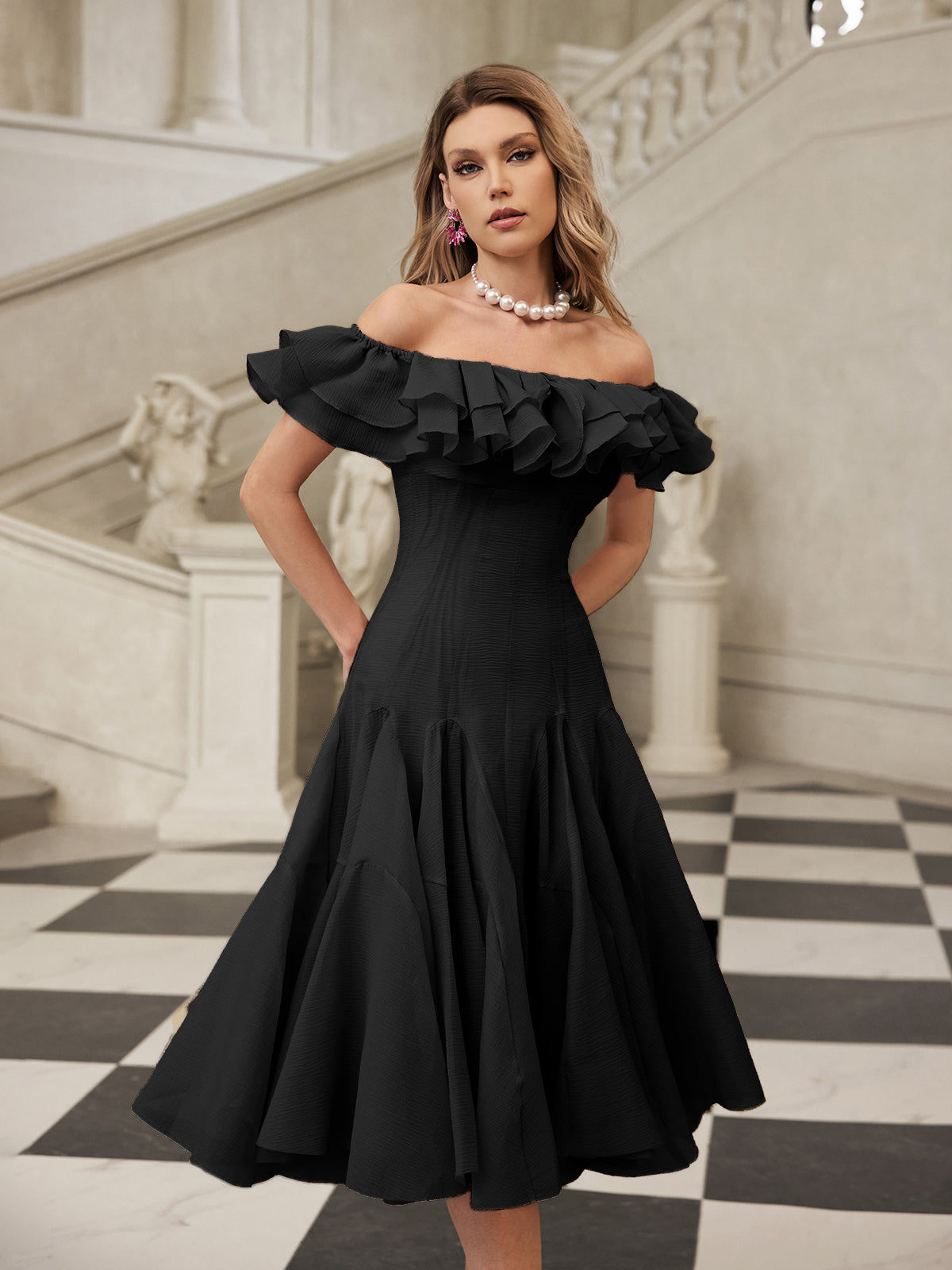 Gaelthar Off Shoulder Ruffle Midi Dress In Black