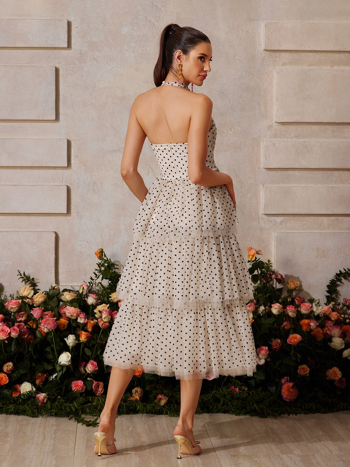 Zalvarya Halterneck Dot Tiered Midi Dress