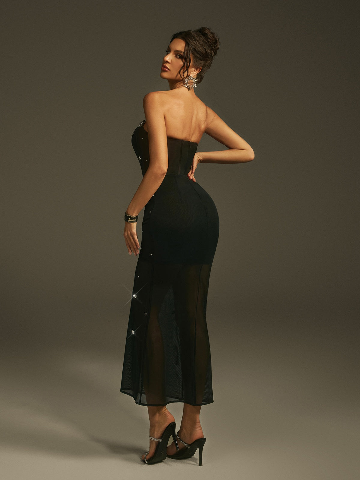 Lenny Strapless Rhinestone Mesh Midi Dress With Gloves