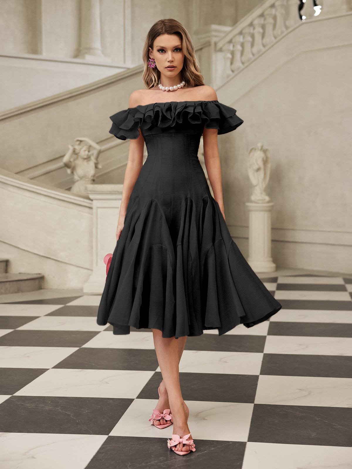 Gaelthar Off Shoulder Ruffle Midi Dress In Black