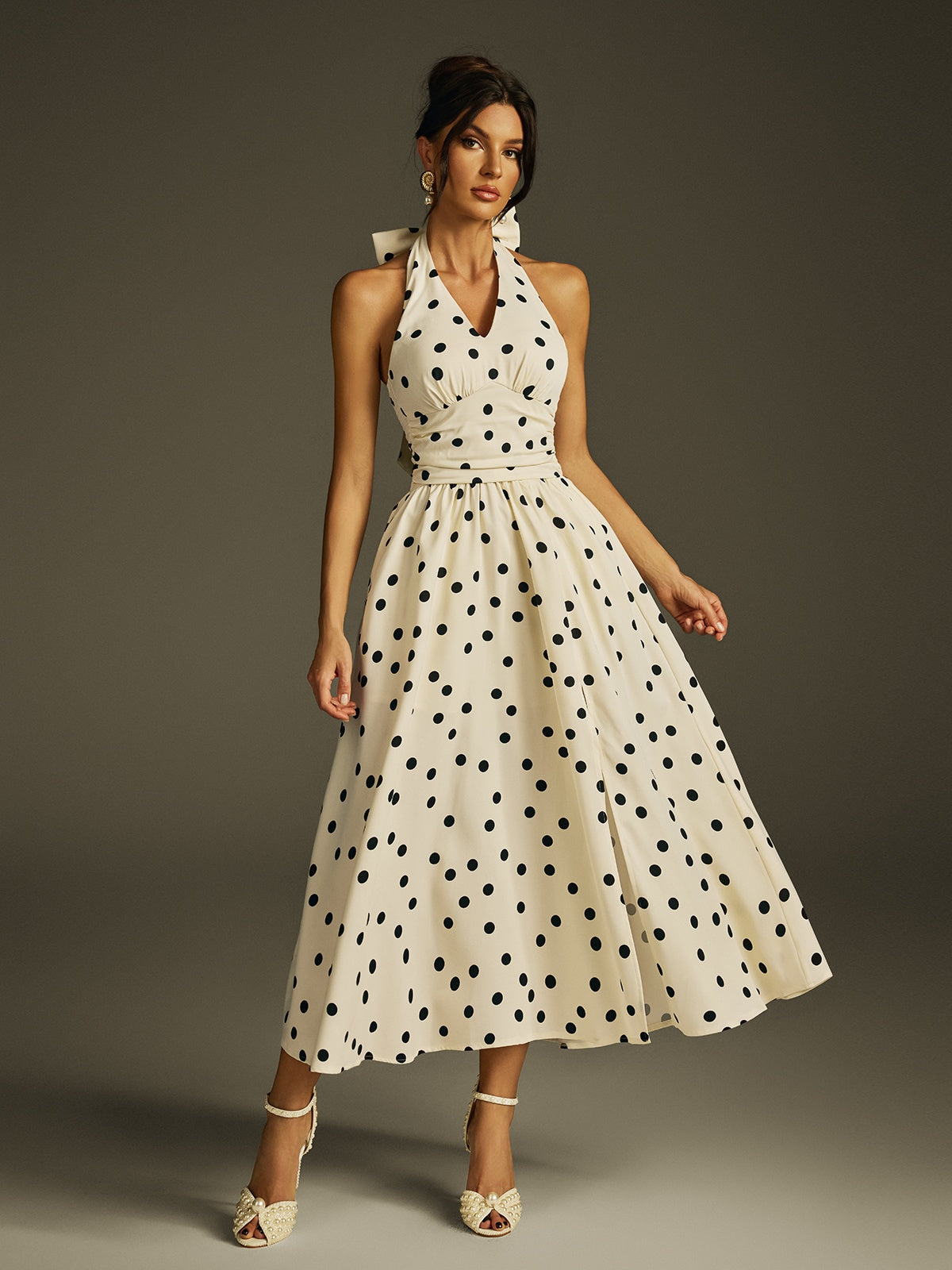 Ilyxra Halterneck Bow Split Dot Midi Dress