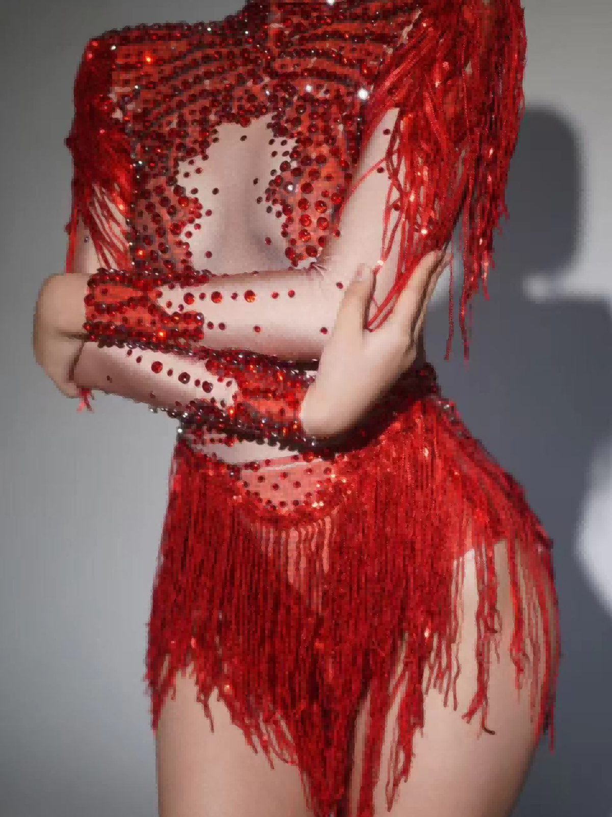 Lorvain Rhinestone Fringe Bodysuit In Red