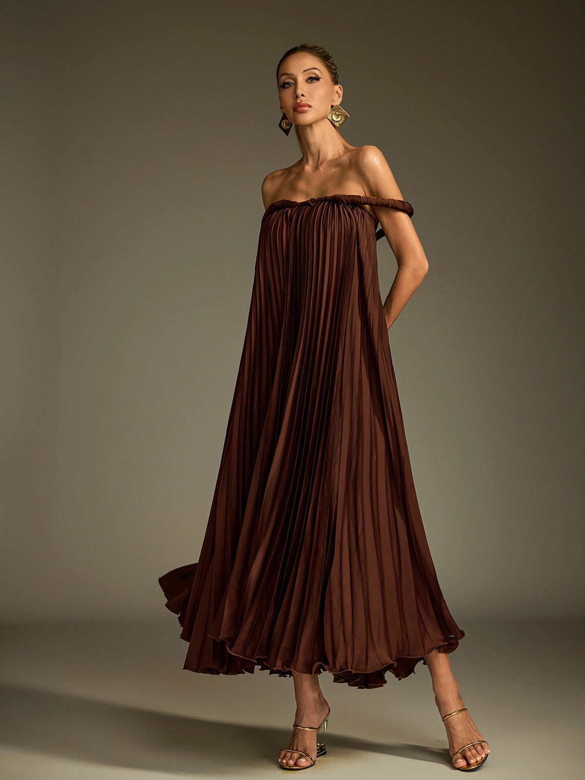 Lucetta Off Shoulder Pleated Midi Dress