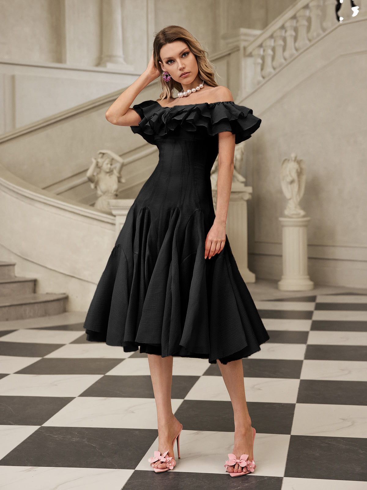 Gaelthar Off Shoulder Ruffle Midi Dress In Black