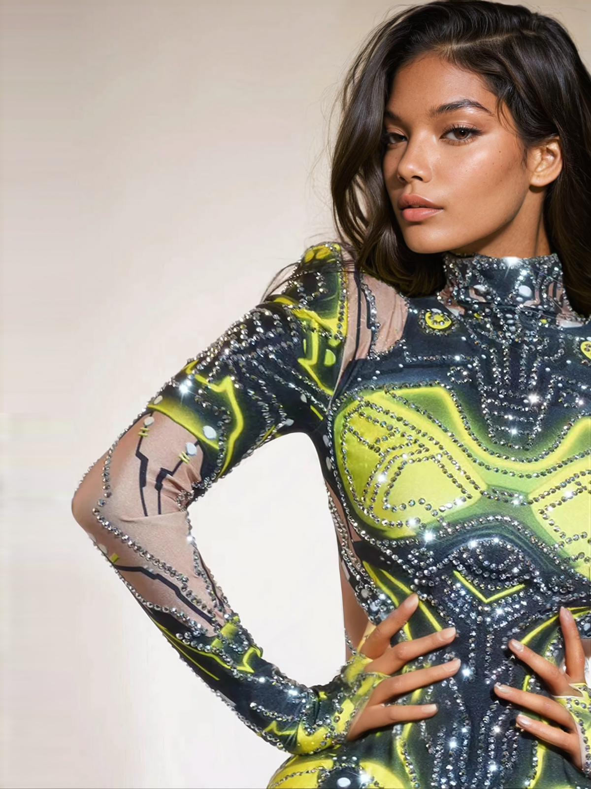 Shatoya Long Sleeve Rhinestone Printed Bodysuit