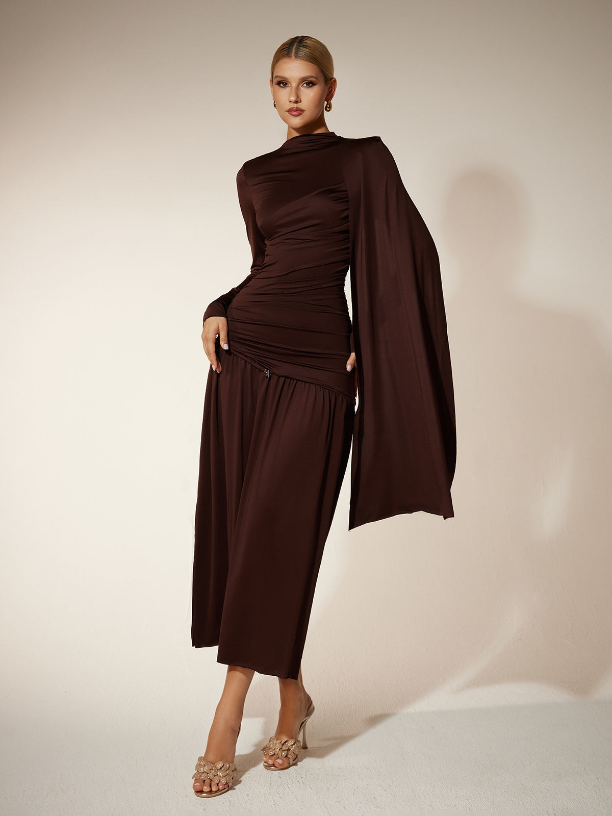 Eitan Long Sleeve Ruched Draped Midi Dress